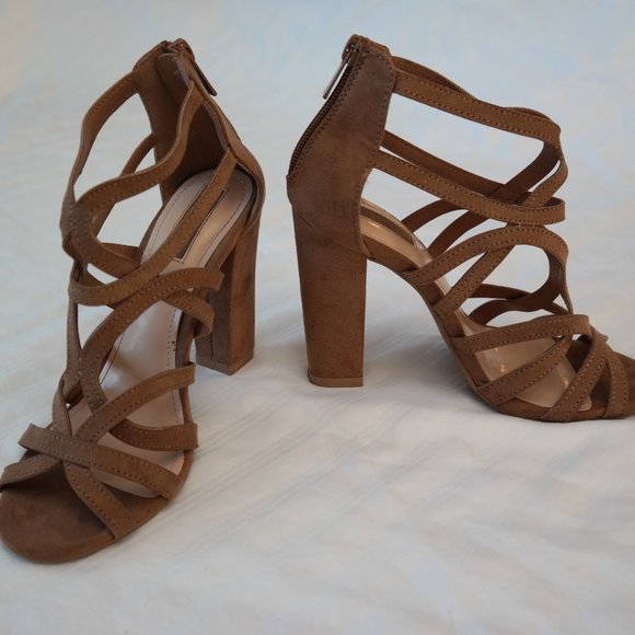 Forever 21 Size 6 Beige Fuax Suede Caged Blocked Heels - Picture 3 of 3